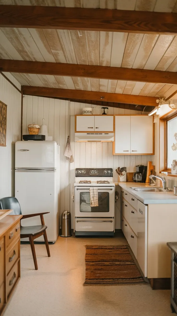 Warm beige and white hues, wood beams, and vintage appliances create a cozy mid-century modern kitchen with a cabin feel.