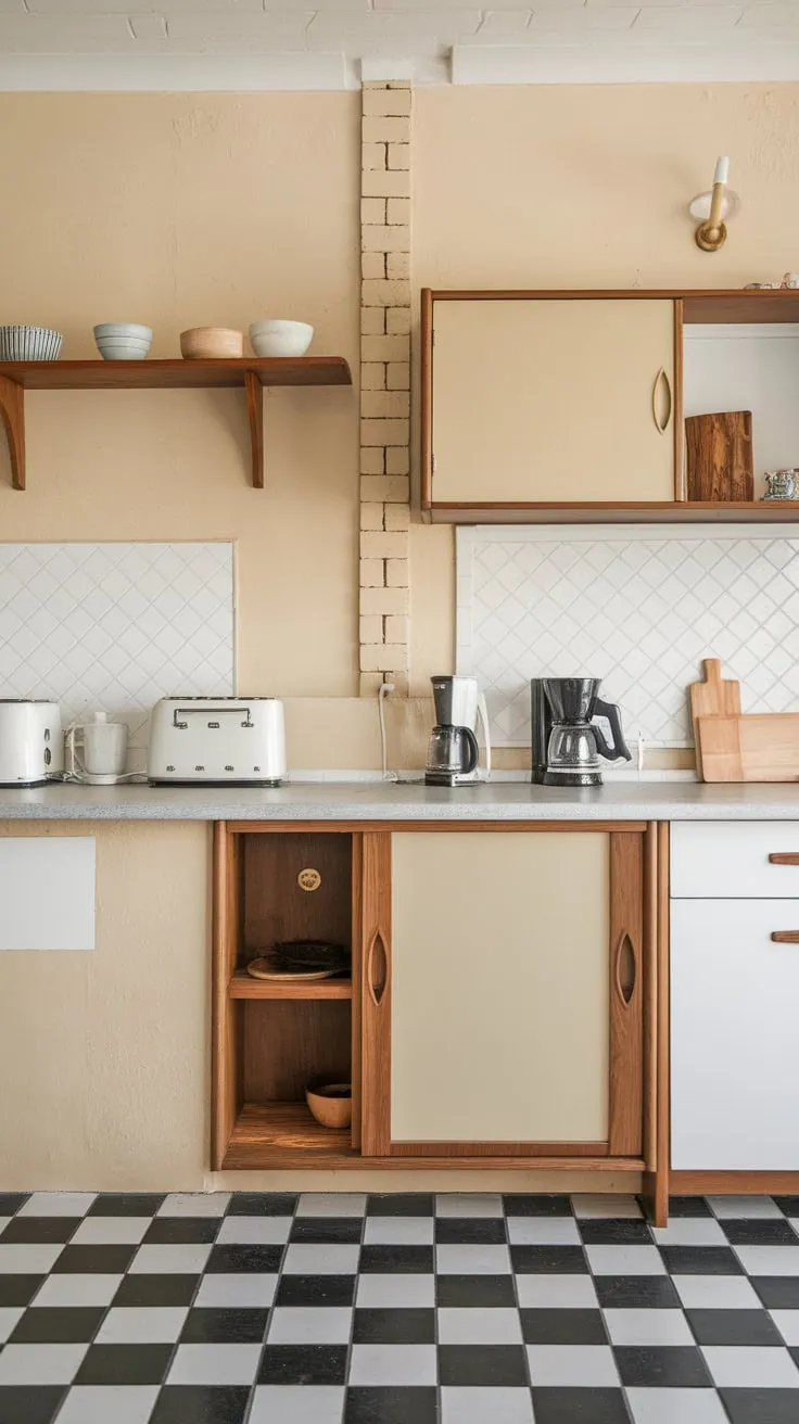 Warm beige and white hues meet black and white checkered floors in a mid-century modern kitchen accented by wood.