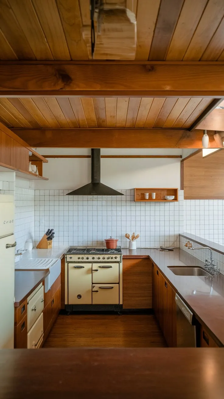 Warm wood and clean lines create a cozy mid-century modern kitchen with a cabin-like feel.