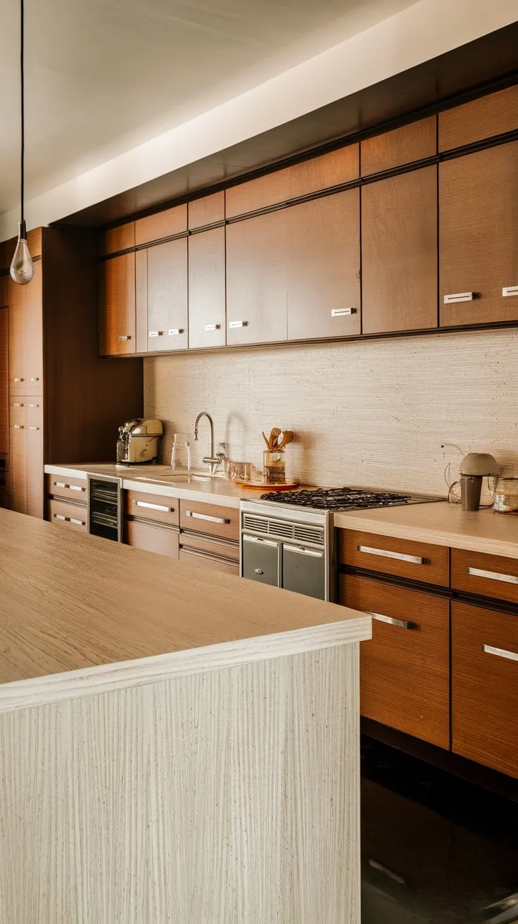 Sleek mid-century design blends light wood, retro appliances, and dark floors for a captivating kitchen aesthetic