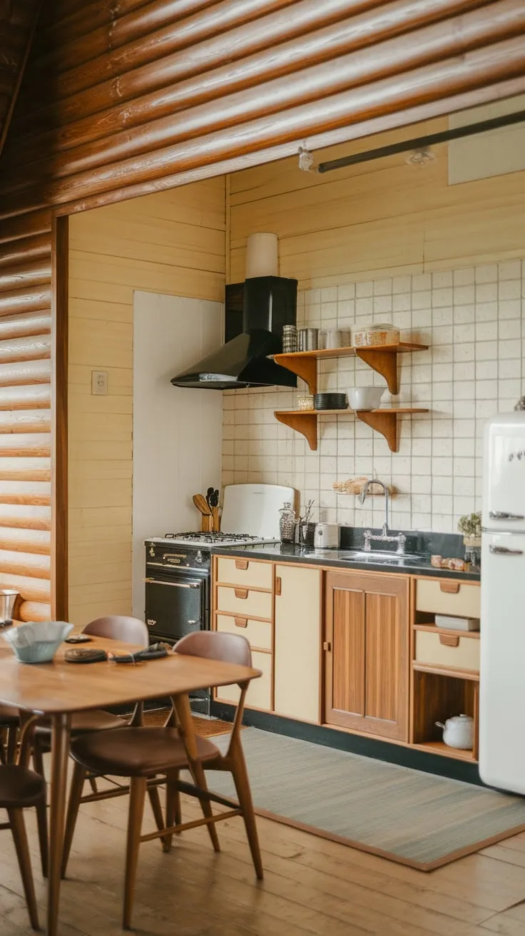A mid-century kitchen's charm shines through its beige walls, wood cabinetry, black countertops, and a cozy wooden dining table.