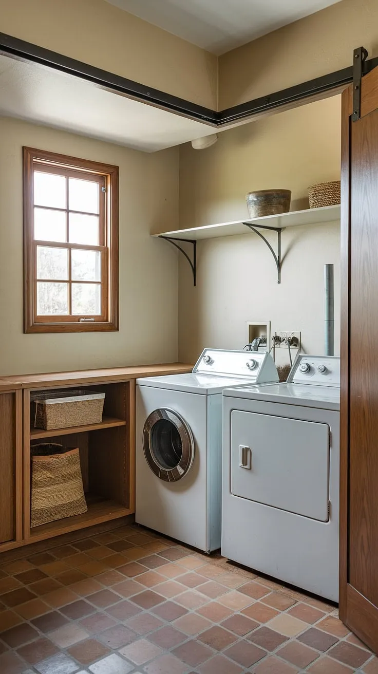 This compact mid-century laundry room proves that even a small space can be stylish and functional. The vintage washer and dryer, charming wooden door to the pantry, and terracotta floor create a wonderfully nostalgic atmosphere. A perfect blend of form and function, this room is a testament to efficient design.