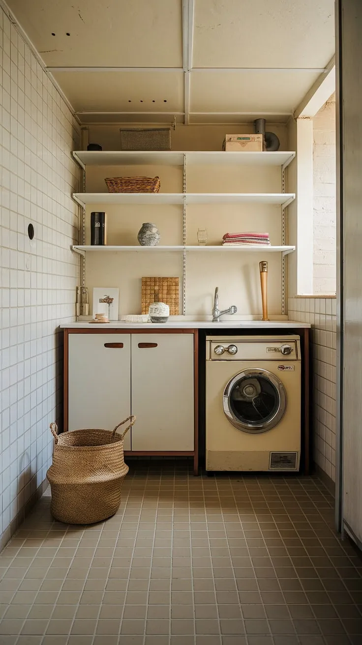This mid-century modern laundry room, though small, boasts a charming simplicity. The vintage washing machine and white cabinetry, set against the beige tile, create a surprisingly spacious feel. A testament to efficient design, even a limited space can be a haven of functionality and understated elegance.