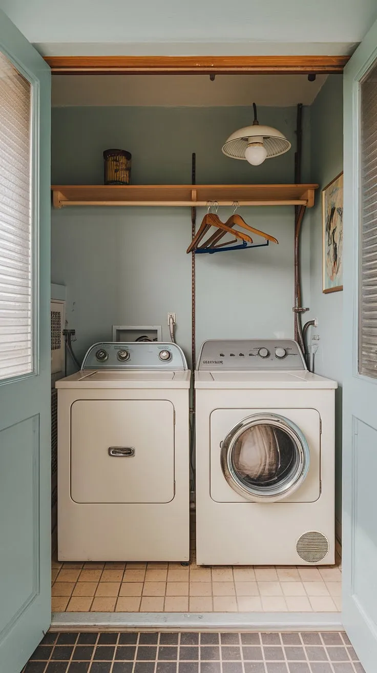 Step back in time with this charming mid-century modern laundry room. The soft blue walls, vintage appliances, and clever use of space create a surprisingly functional and aesthetically pleasing area, proving that even a small space can be a stylish and efficient.
