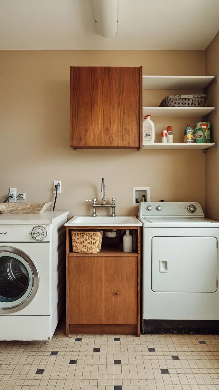 This perfectly preserved mid-century laundry room is a dream. The beige walls and cabinetry, paired with the black and beige checkered floor, create a calming atmosphere. A vintage washing machine and dryer, along with a convenient sink and small pantry, make this space both practical and undeniably cool.