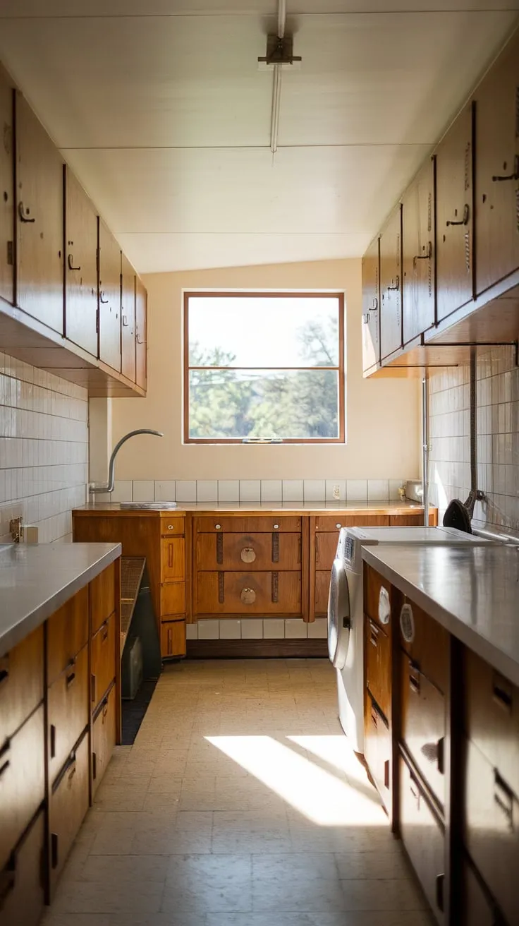 Sunlight streams through the high window of this nostalgic laundry room, illuminating the rich wood cabinetry and vintage appliances. A compact pantry adds to the functionality of this perfectly preserved mid-century space, proving that even utilitarian areas can be brimming with character and charm.