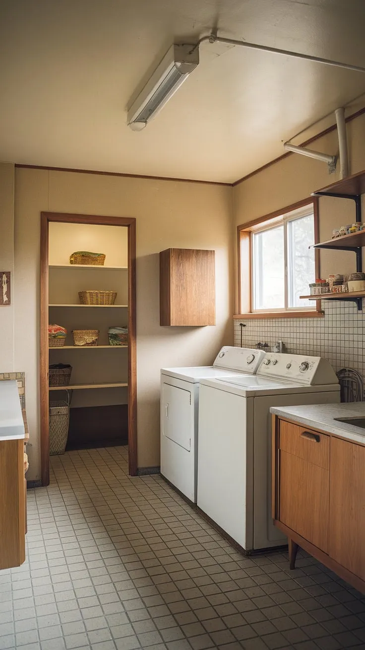 This perfectly preserved mid-century laundry room is a testament to timeless design. The gentle beige walls, vintage appliances, and thoughtful details like the wooden cabinet and built-in shelving create a space that's both practical and undeniably stylish. A convenient pantry door completes this nostalgic retreat.