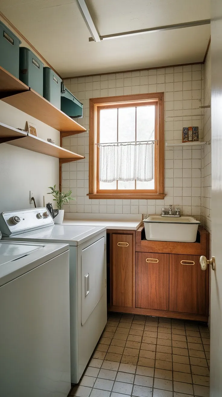 Step back in time with this charming mid-century modern laundry room. The compact space maximizes functionality with vintage appliances and clever storage solutions, proving that even a small area can be stylish and efficient. A testament to timeless design, this room effortlessly blends practicality and aesthetic appeal. A perfect example of how less can truly be more.