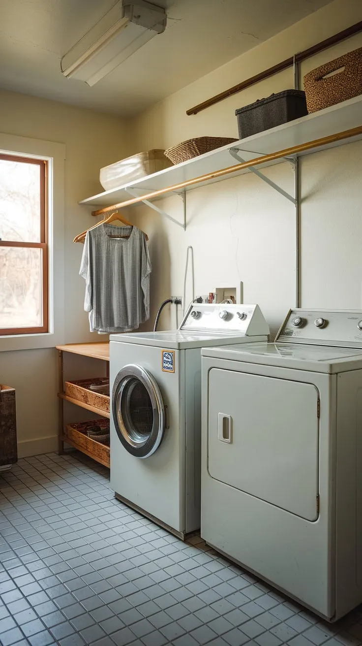 Step back in time with this mid-century modern laundry room. The vintage washer and dryer, charming pantry, and simple wooden rod for hanging clothes create a space that's both functional and aesthetically pleasing. A perfect blend of form and function, this room proves that even a utilitarian space can be brimming with character. A true testament to timeless design.