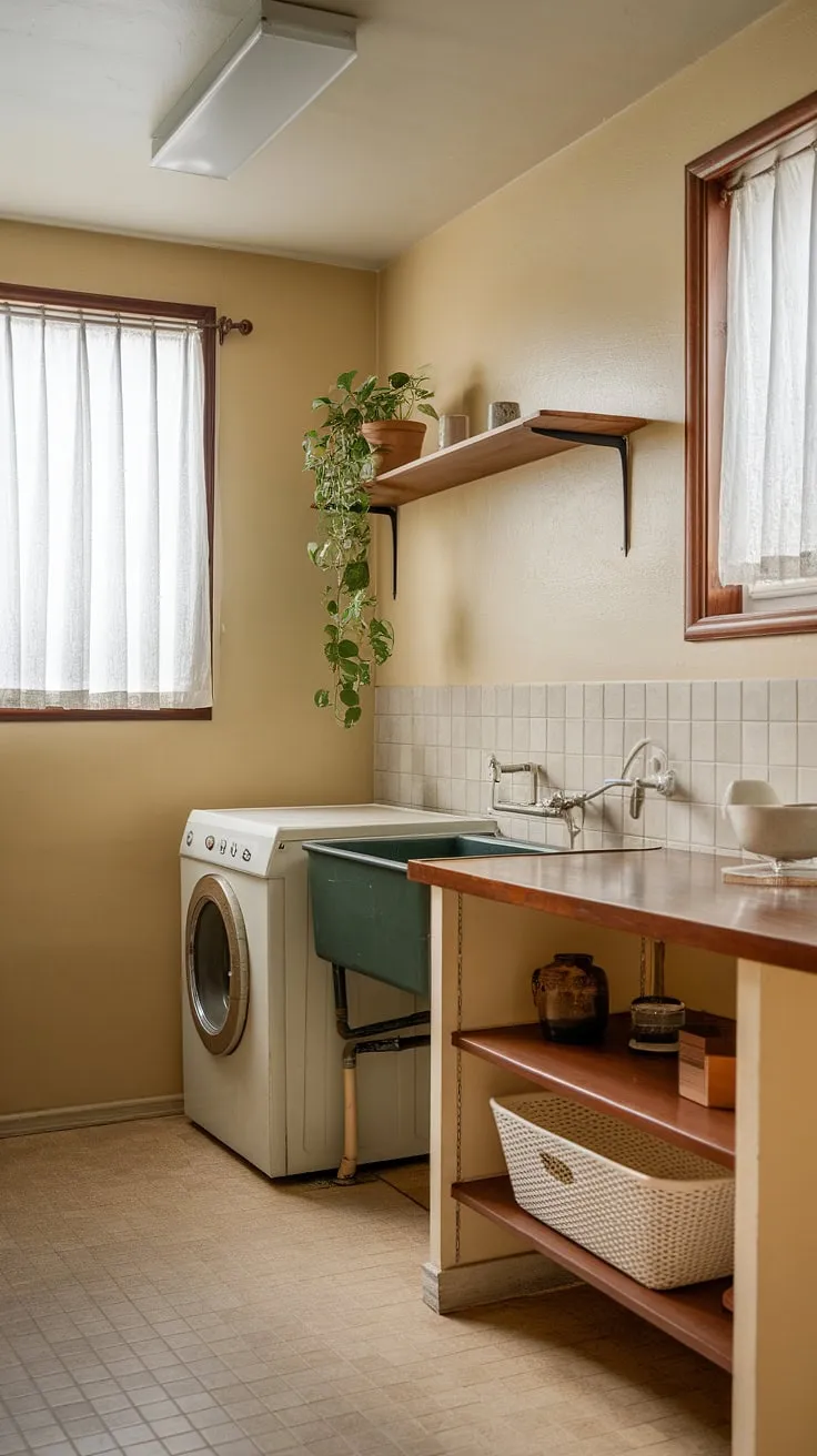 This a laundry room is a dream come true. The muted tones, thoughtful details like the wooden shelf and potted plant, and the perfectly preserved vintage appliances create a space that's both practical and incredibly stylish. A true testament to mid-century modern design.