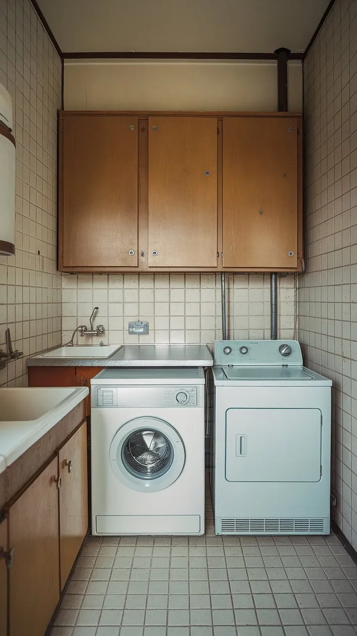 A perfectly preserved mid-century laundry room, showcasing the era's understated elegance. The clean lines and pastel tones create a surprisingly serene atmosphere-a forgotten haven of domesticity.