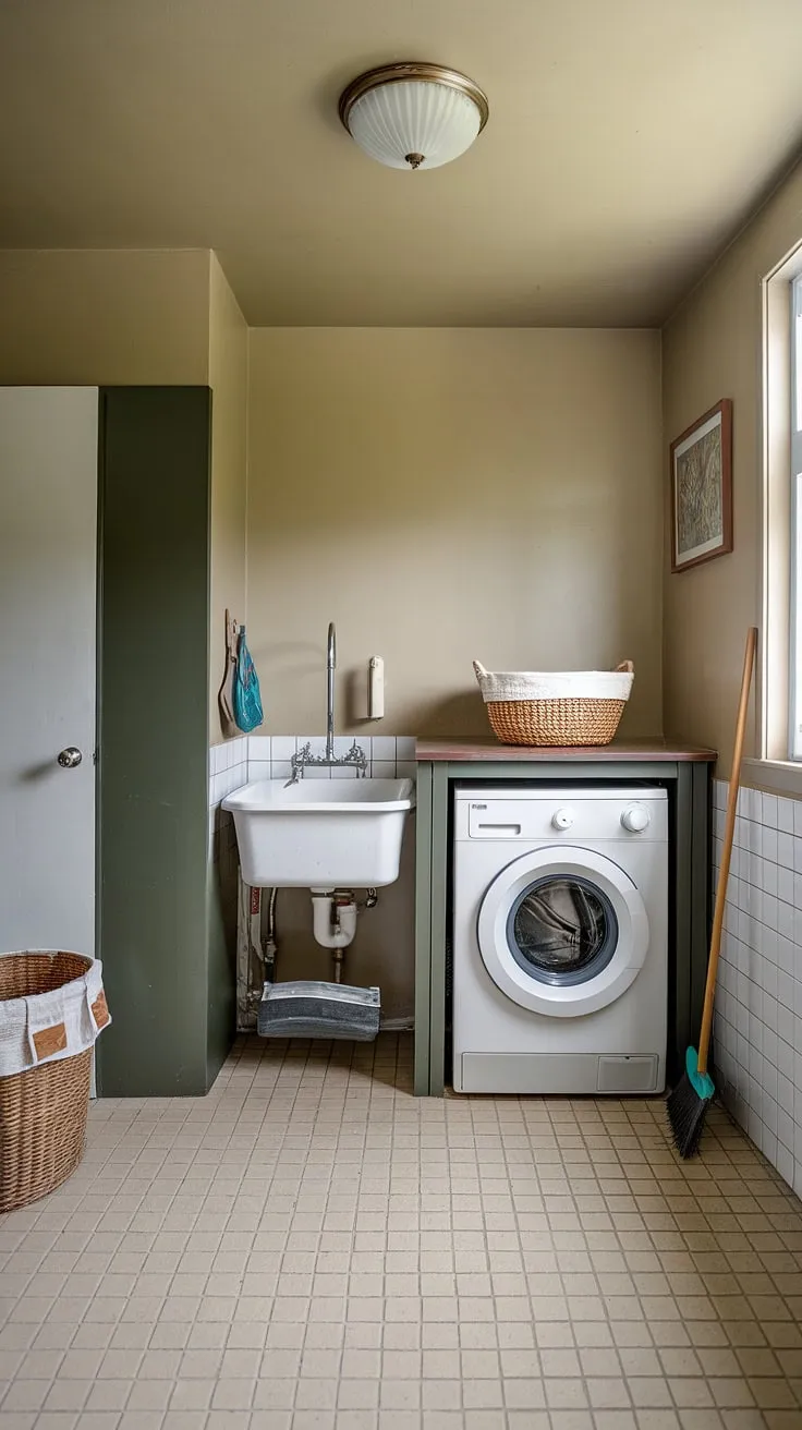 A glimpse into a perfectly curated mid-century laundry room. The muted beige palette, complemented by the rich green of the cabinetry, creates a serene atmosphere. Every detail, from the placement of the washing machine and sink to the humble broom and laundry basket, speaks to a commitment to both practicality and design. A testament to timeless style.