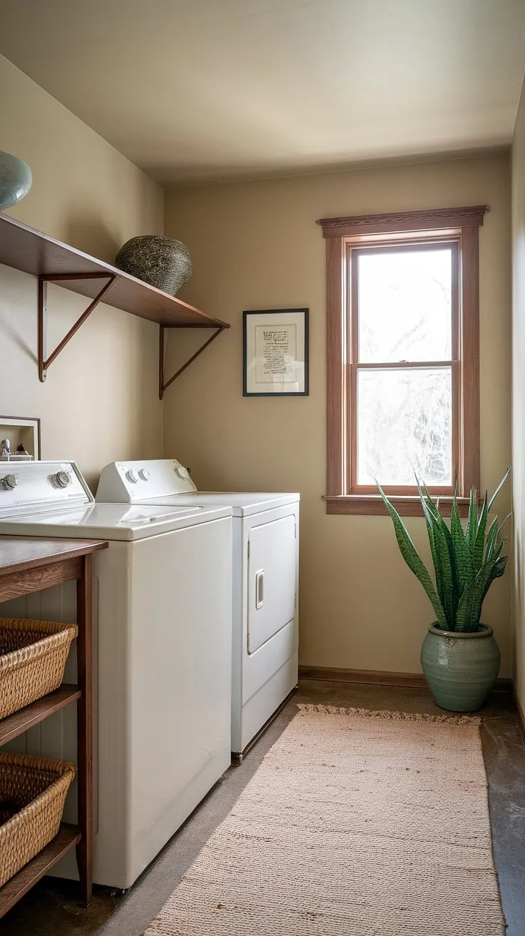 This perfectly preserved mid-century laundry room is a dream. The vintage appliances, built-in pantry, and calming beige tones create a space that's both practical and incredibly charming. A simple wooden shelf and a vibrant green plant complete the look. A testament to timeless design.