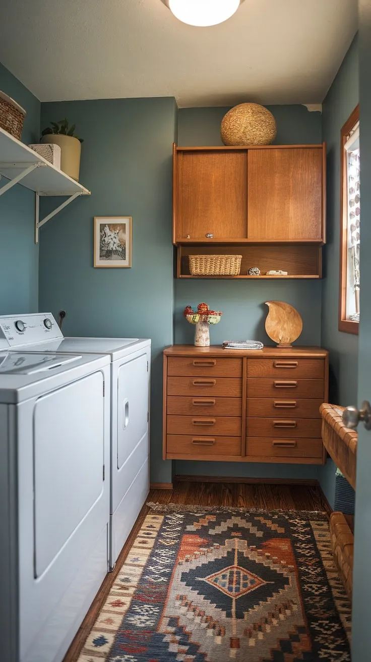 Step back in time with this charming mid-century modern laundry room. The vintage washer and dryer, alongside the perfectly placed wooden cabinet and small pantry, create a space that's both functional and aesthetically pleasing. A soft blue hue on the walls and a patterned rug underfoot add to the cozy, inviting atmosphere. This is laundry day done right.