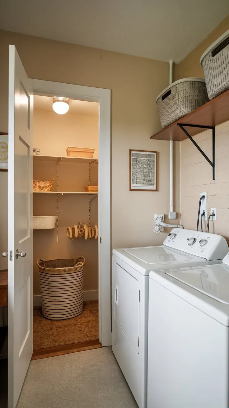 Step back in time with this charming mid-century modern laundry room. The vintage washer and dryer, alongside the built-in wooden shelving and a convenient laundry pantry, create a space that's both functional and aesthetically pleasing. A testament to timeless design and effortless style.