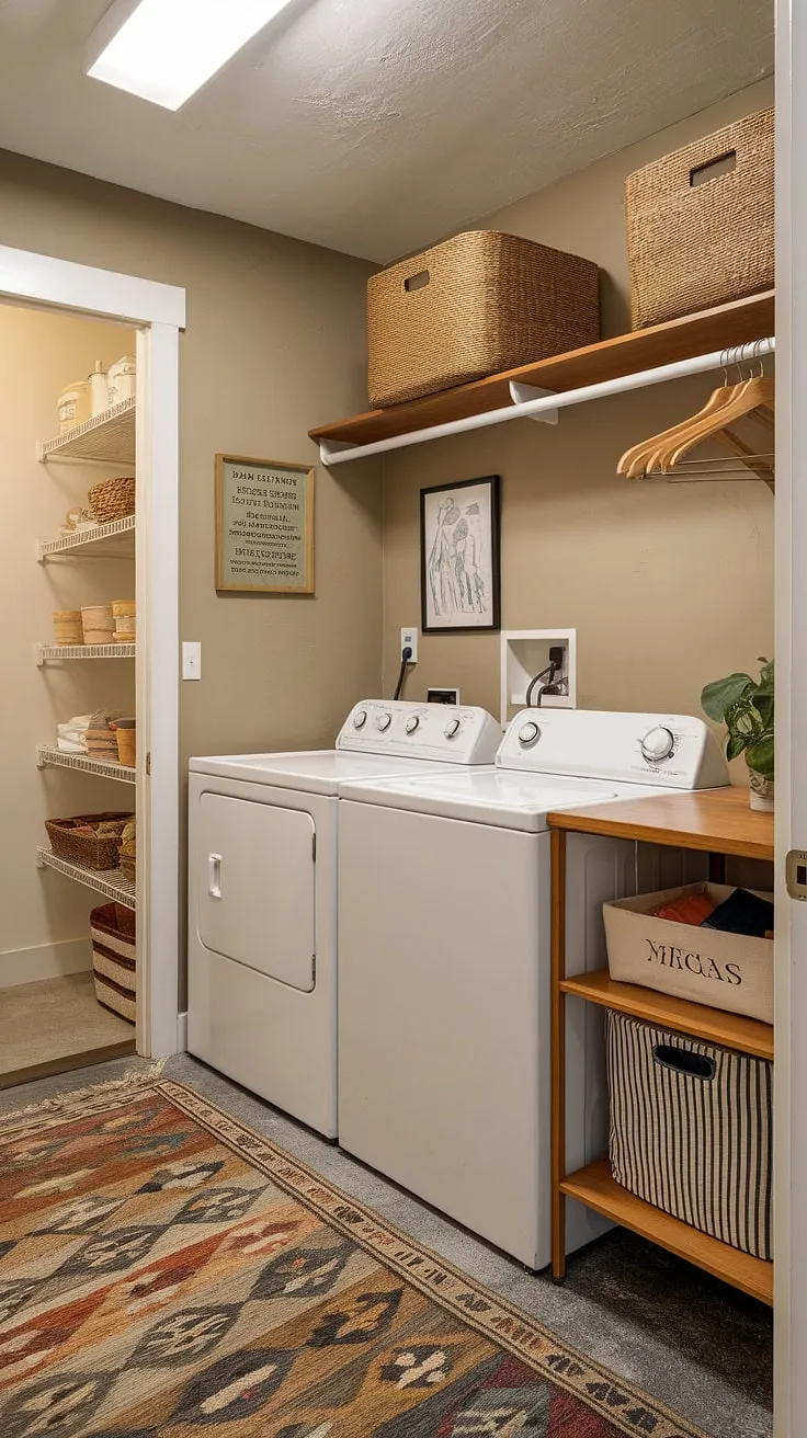 This mid-century laundry room (A) is a dream. The warm beige walls, patterned rug, and thoughtful details like the wooden shelf and laundry baskets create a space that's as stylish as it is practical. The small pantry adds a touch of hidden organization.
