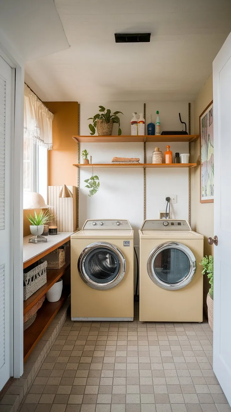 Step back in time with this charming mid-century modern laundry room. The vintage washer and dryer, nestled beneath a wooden shelf holding cleaning supplies, create a space that's both functional and aesthetically pleasing. A small pantry adds extra storage, while the beige and white color palette, complemented by a touch of greenery, evokes a sense of calm and understated elegance. This is the epitome of a retro-chic laundry day.
