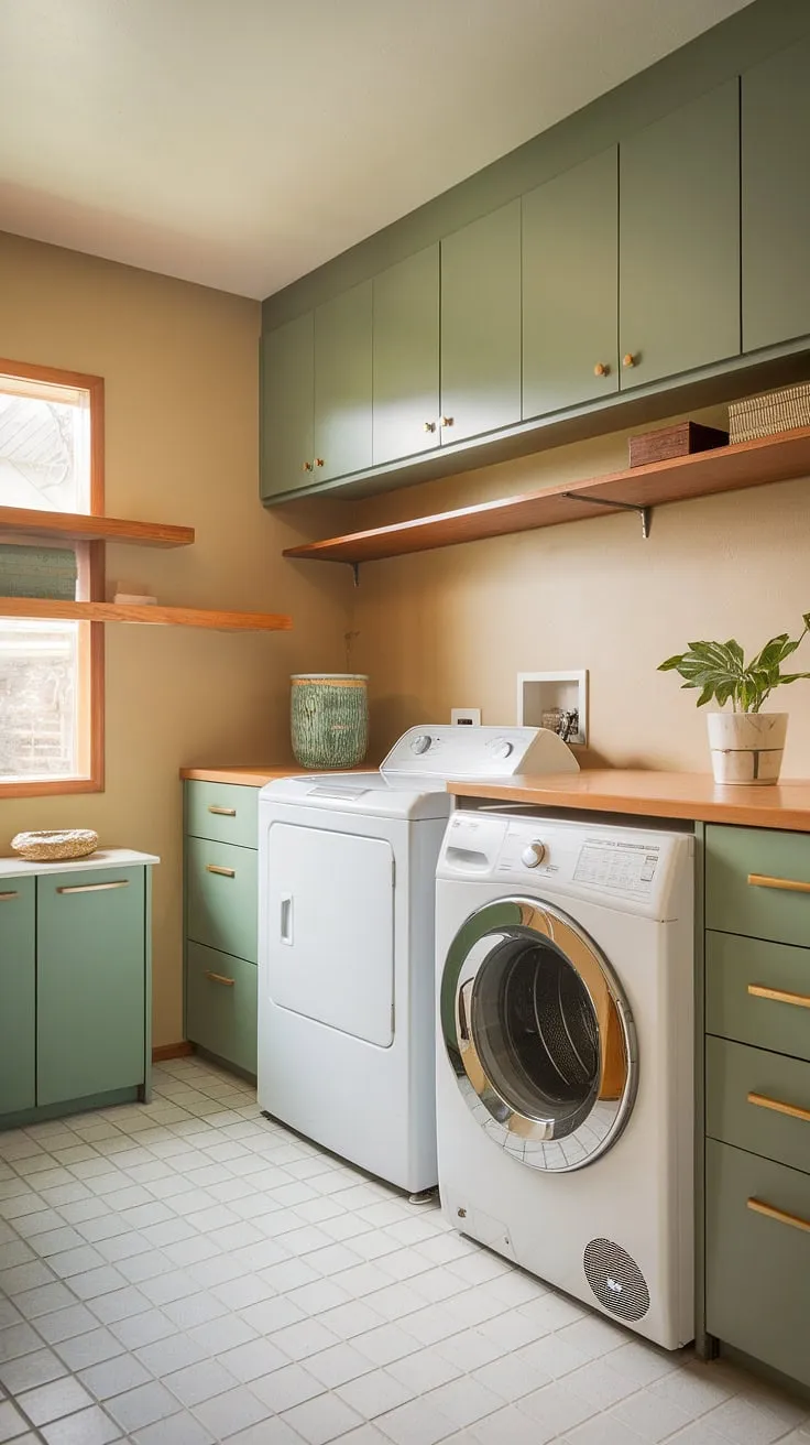 Step back in time with this charming mid-century modern laundry room. The avocado green cabinets and beige walls create a serene atmosphere, while the added pantry provides ample storage – a true testament to thoughtful design. A perfect blend of functionality and style.