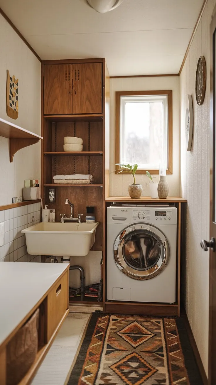 Step back in time with this mid-century modern laundry room. The warm wood tones, patterned rug, and thoughtful details create a surprisingly cozy space where even chores feel a little less mundane. A perfect blend of functionality and style, it proves that even a utilitarian space can be a haven.