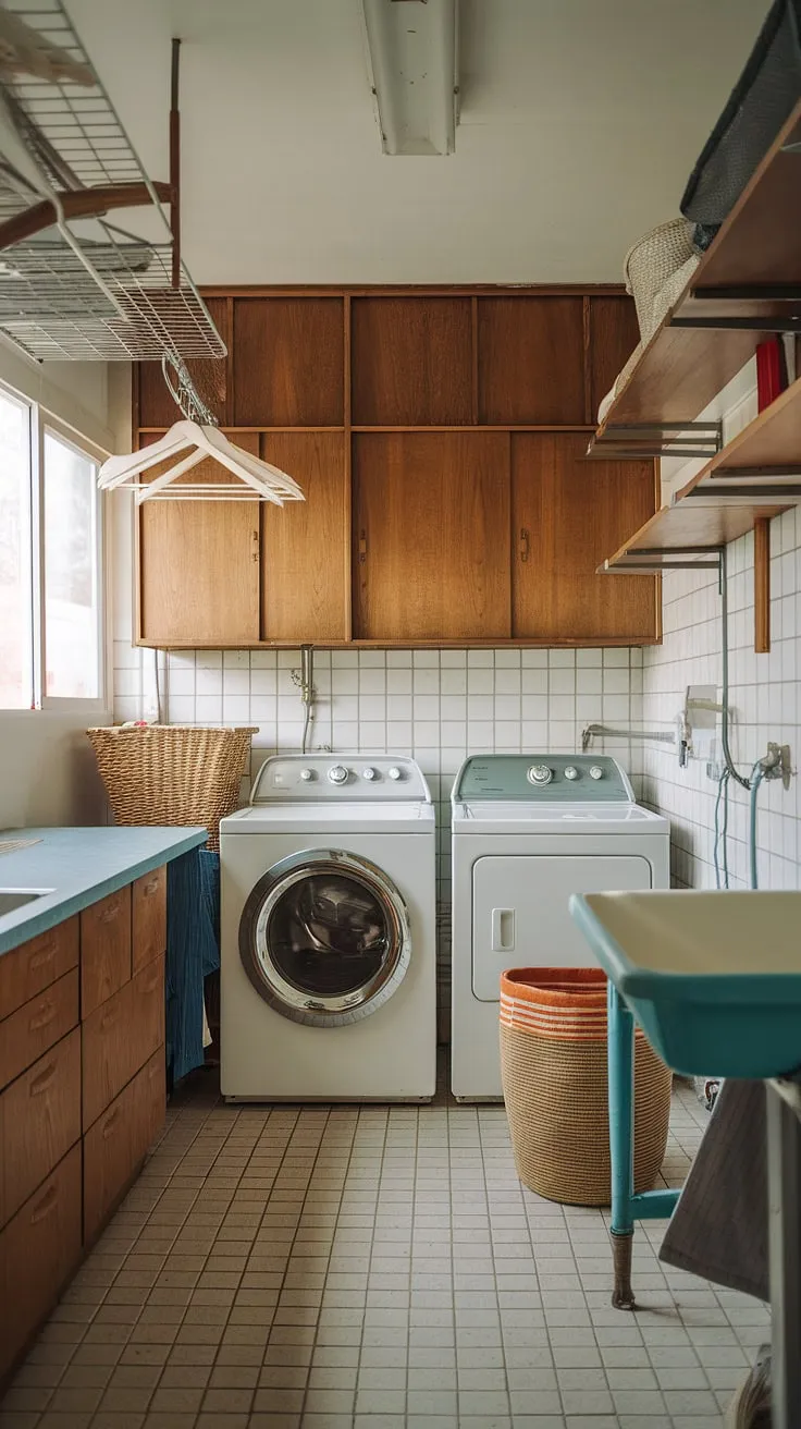 This petite laundry room packs a punch! A vintage washing machine and dryer sit alongside custom wooden cabinets and a handy countertop sink. The addition of a dedicated laundry pantry ensures everything has its place, making laundry day a breeze. A perfect example of how a little space can be maximized for ultimate efficiency.