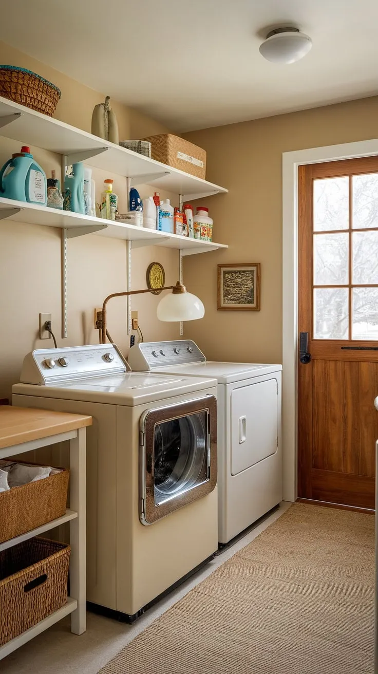 This perfectly preserved mid-century laundry room is a dream. The vintage appliances, ample storage including a handy pantry, and thoughtful details like the stylish lamp create a space that's both practical and incredibly chic. The warm beige tones and natural light make it a surprisingly inviting area. A testament to timeless design.