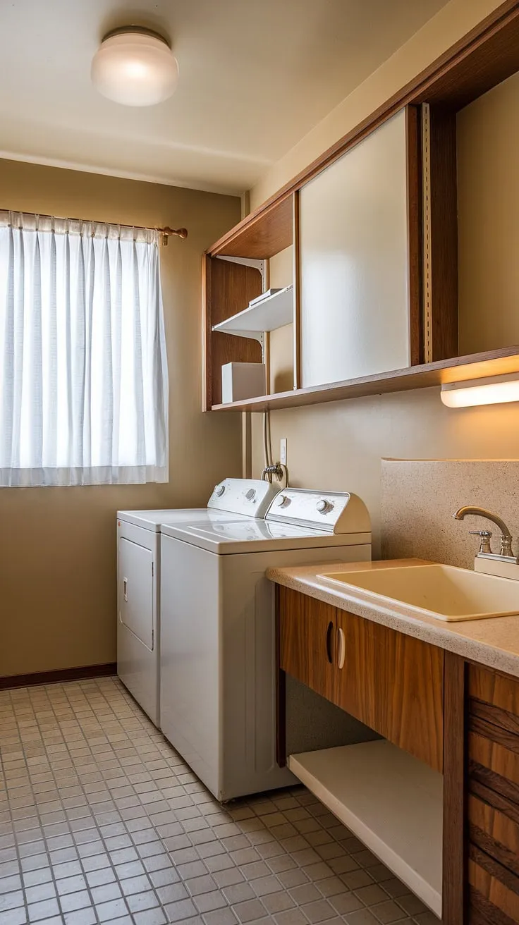 A cozy and efficient laundry space, this mid-century gem proves that even a small room can be brimming with character. The vintage washer and dryer, paired with the simple wooden cabinetry, create a timeless appeal. A testament to how good design can transcend size.