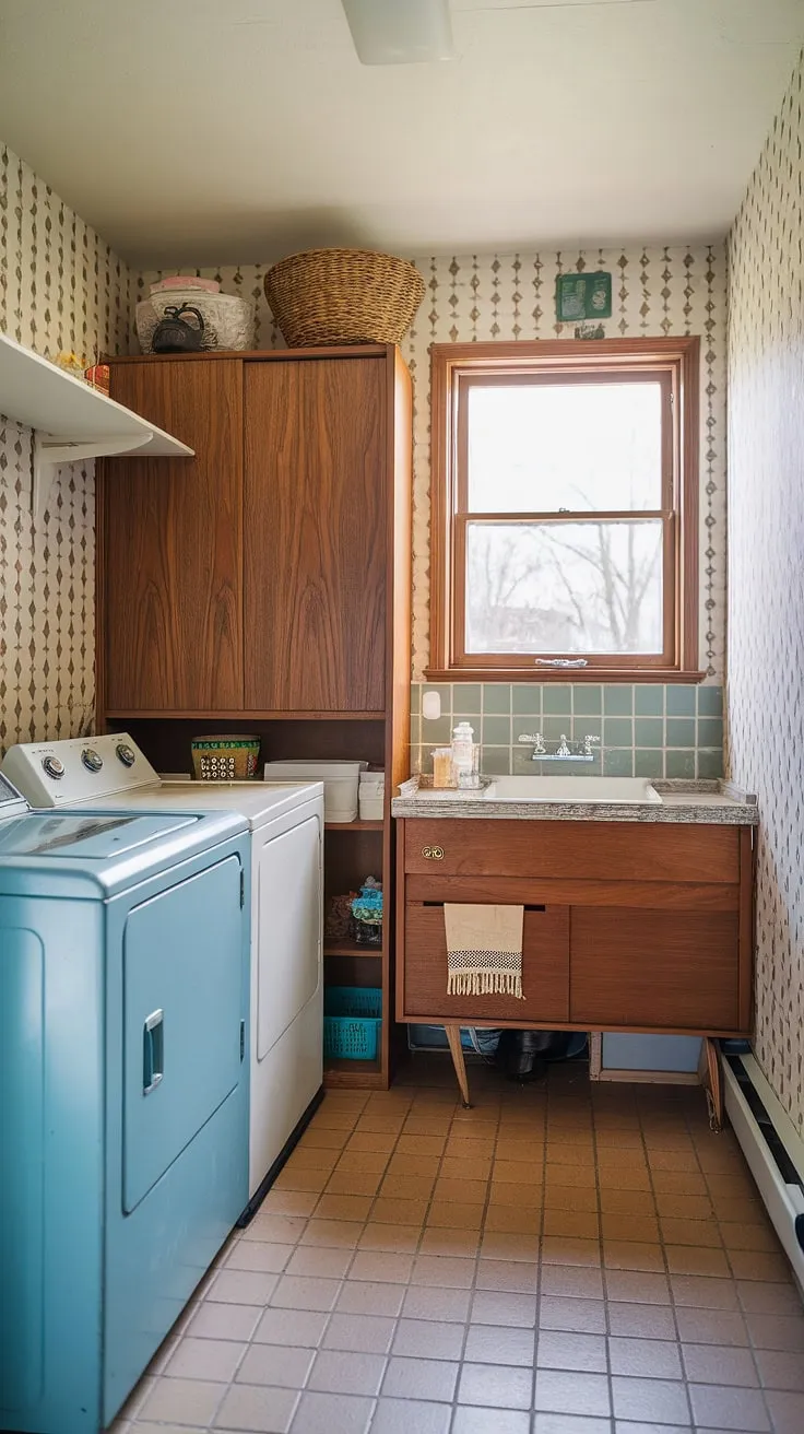 Step back in time with this charming mid-century laundry room. The vintage washer and dryer, alongside the built-in cabinetry and patterned wallpaper, create a space that's both functional and aesthetically pleasing. A small pantry adds extra storage, making this a truly efficient and stylish hub.