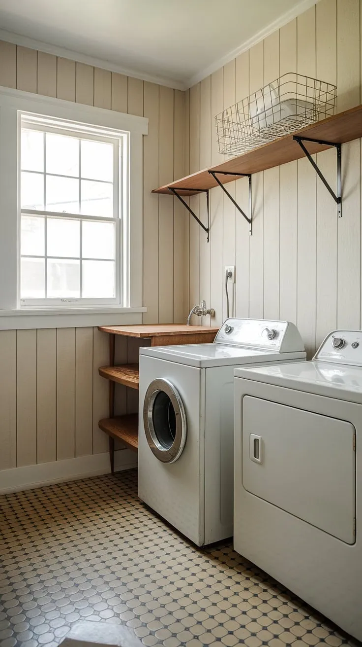 This mid-century modern laundry room is a dream. The retro appliances, wooden shelf, and wire basket add to the nostalgic appeal, while the small pantry provides ample storage. The beige and black checkered floor and striped walls complete the perfectly curated, A-list design.