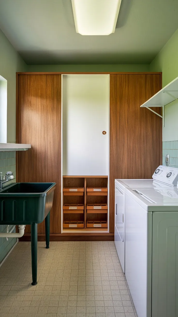 This mid-century laundry room is a dream. The soft green palette, combined with the clean lines of the washer and dryer, and the added convenience of a small pantry, makes this space both functional and aesthetically pleasing. A perfect blend of form and function, it's a testament to timeless design.
