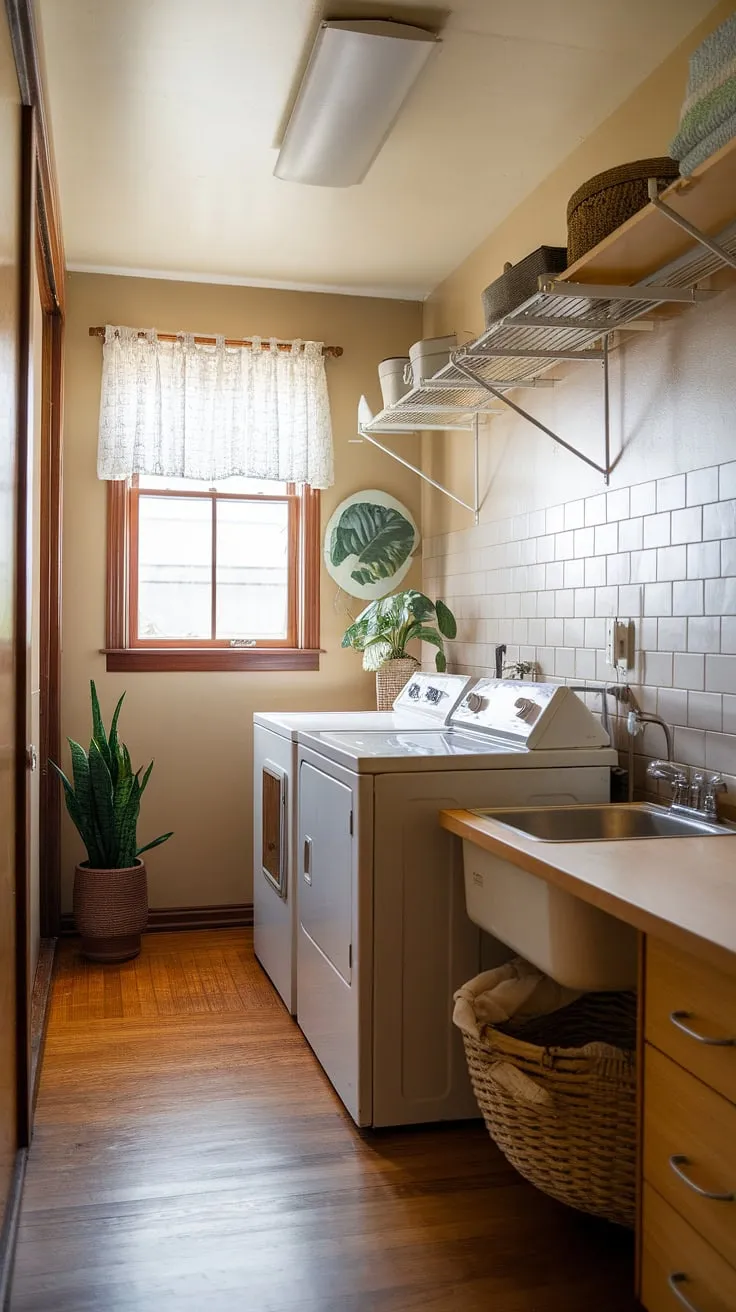 This mid-century laundry room is a dream. The warm wood floors, beige walls, and vintage appliances create a serene atmosphere. A small pantry provides ample storage, while the wall-mounted drying rack and convenient sink make laundry day a breeze. A testament to timeless design and practical elegance.
