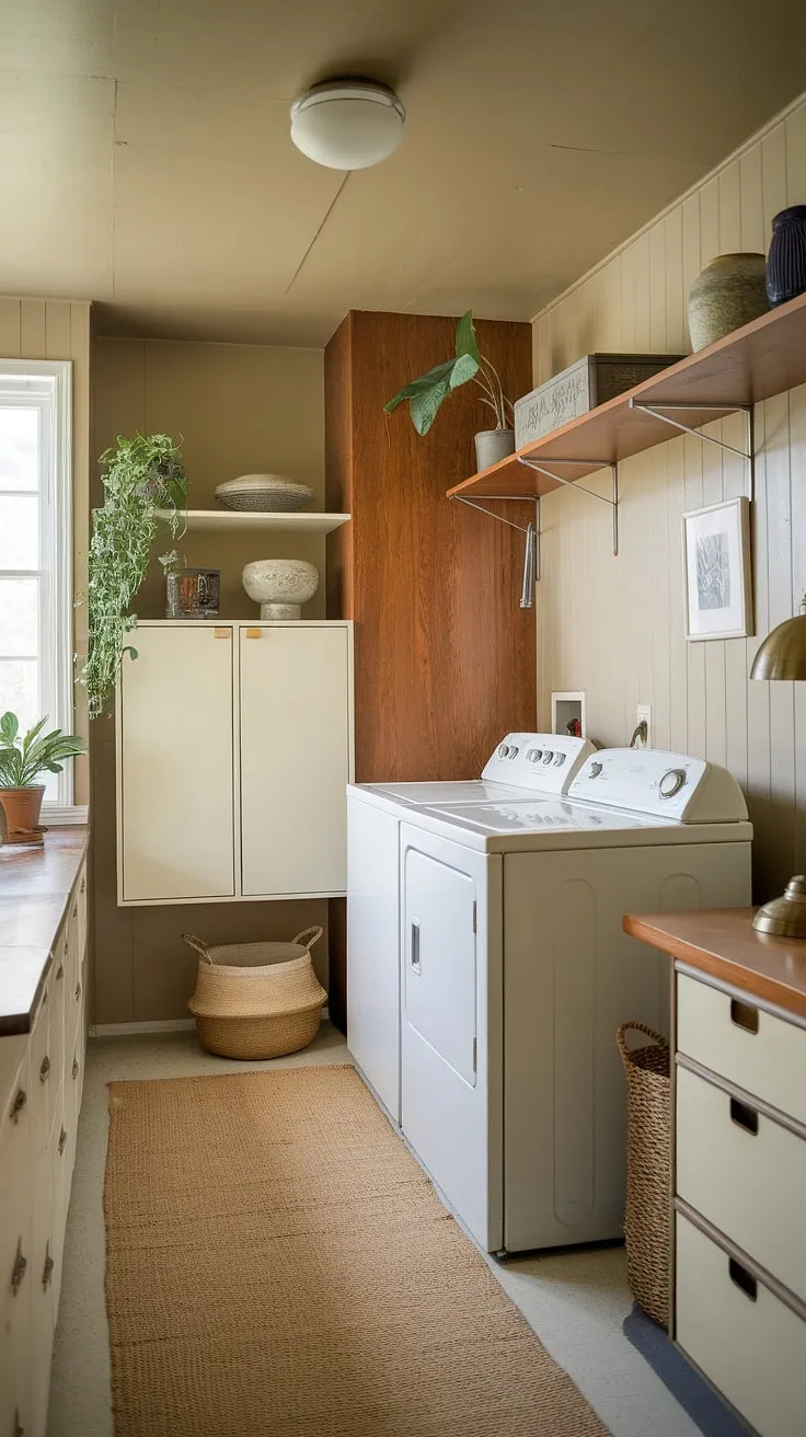 This charming laundry room seamlessly blends practicality and mid-century design. The vintage appliances, wooden shelving, and subtle brass accents create a space that's both functional and visually appealing. A quiet sanctuary where chores become a pleasure, thanks to thoughtful design and attention to detail.