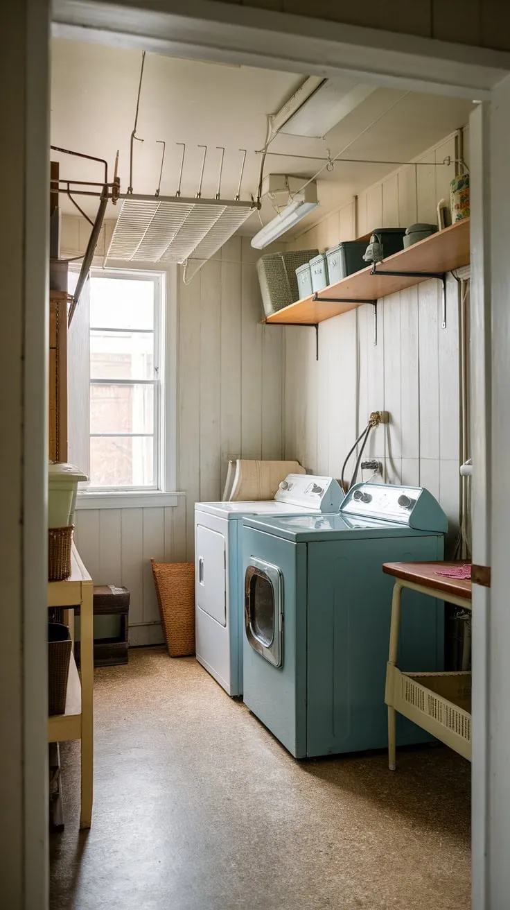This cozy laundry room is a delightful throwback to mid-century living. A small space, yet brimming with charm, it features a vintage washing machine and dryer, complemented by a handy laundry pantry. The natural light streaming through the window and the simple elegance of the design create a surprisingly serene atmosphere. A hidden gem in a home filled with history.