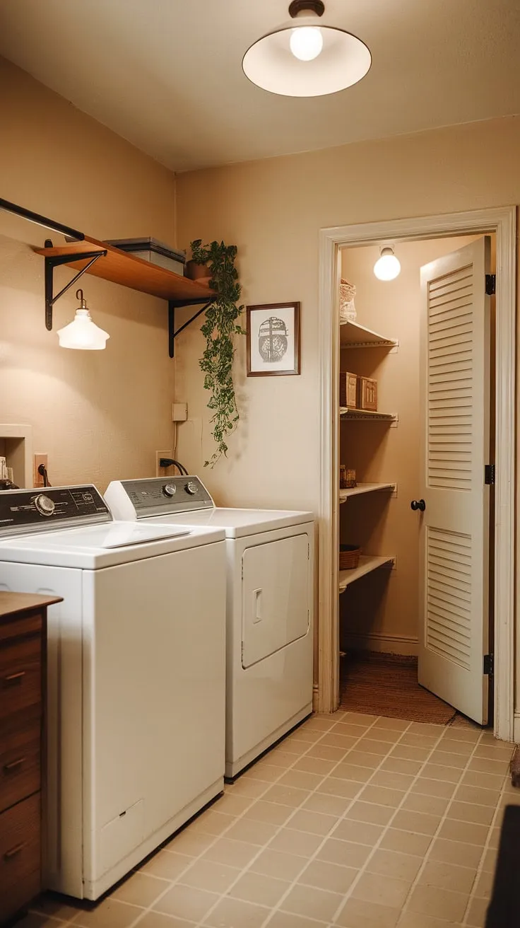 Step back in time to this charming mid-century laundry room. The warm lighting and beige tile create a cozy atmosphere, while the added pantry provides ample storage. A perfect blend of functionality and vintage appeal.