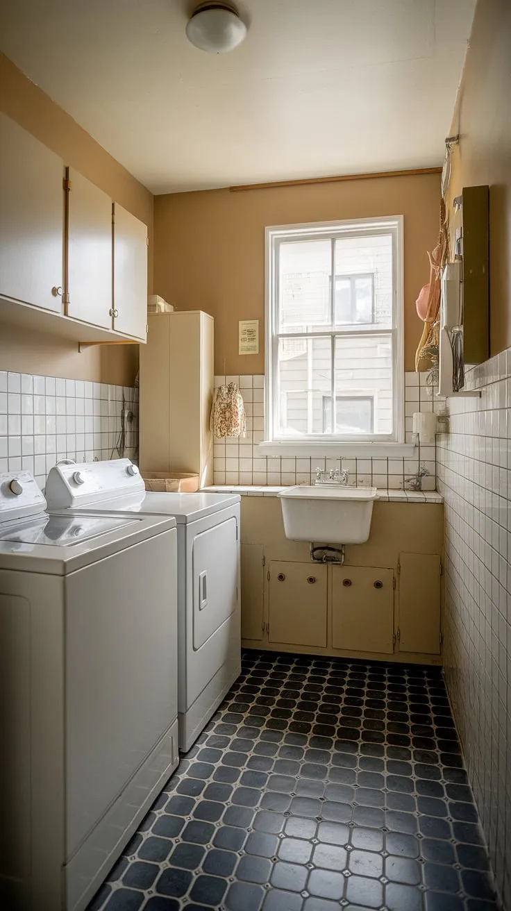 Step back in time with this charming mid-century laundry room. The classic black and white tile floor, built-in cabinetry, and sunny window create a space that's both functional and aesthetically pleasing. A perfect blend of vintage style and practical design.