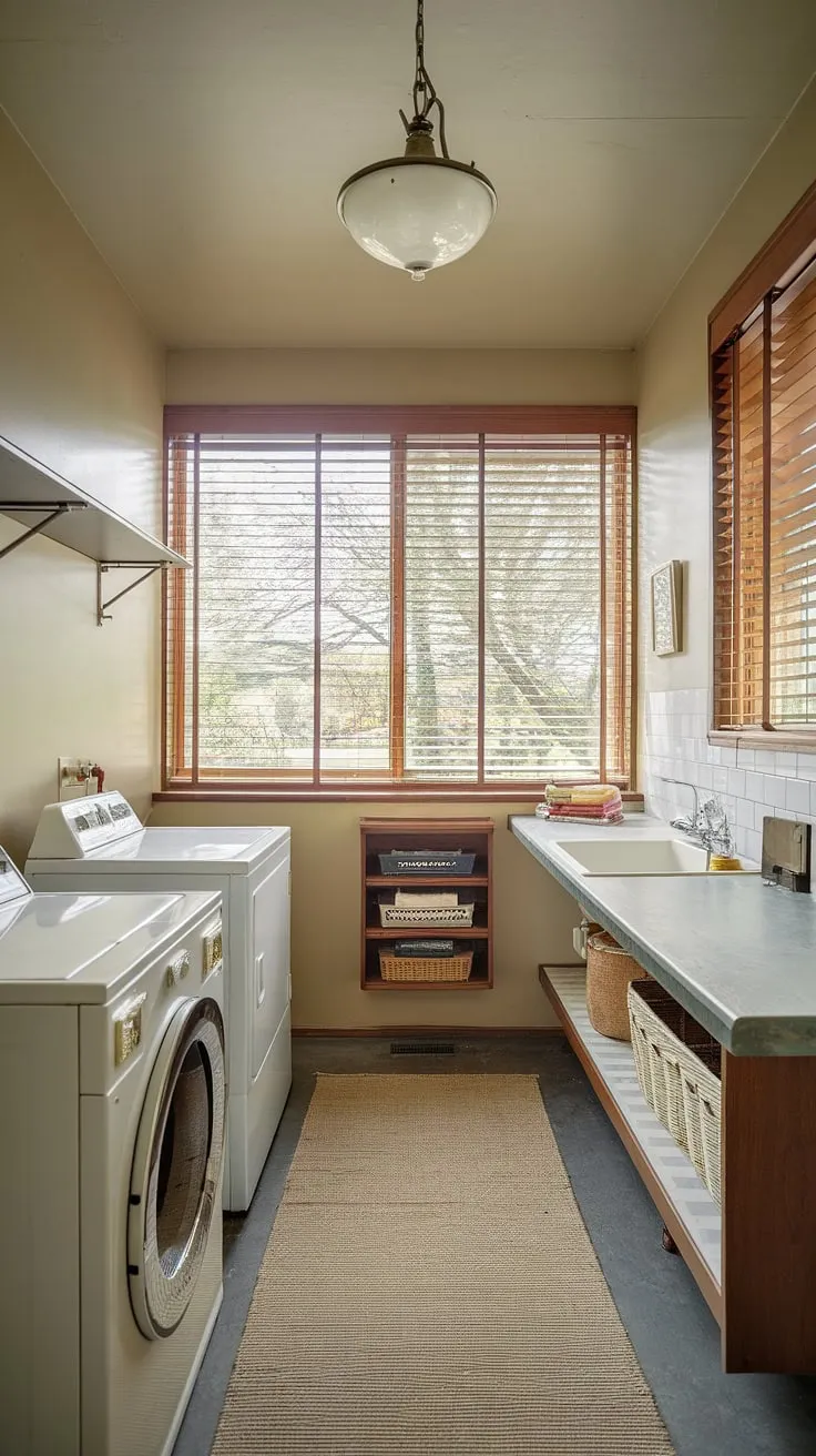 A touch of vintage charm in a compact laundry space. This a room's clever design maximizes functionality without sacrificing style, thanks to thoughtful storage and a bright, airy feel.