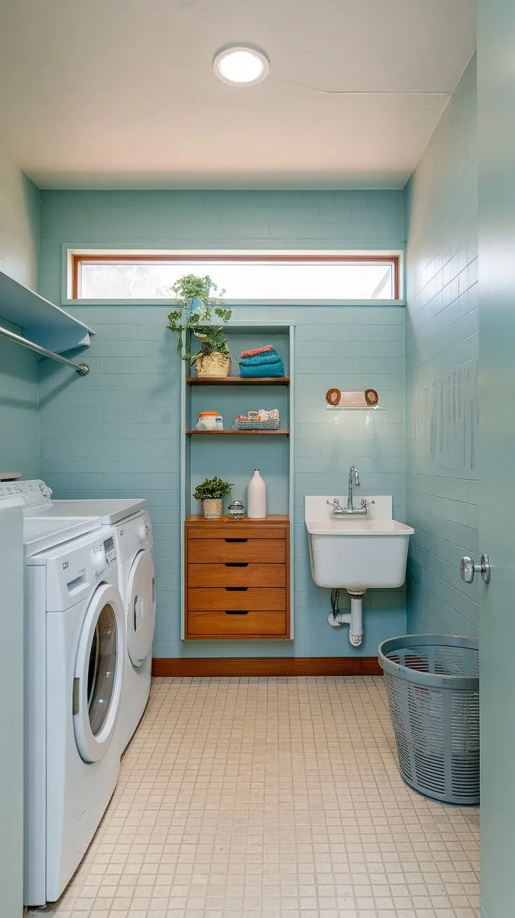 This compact mid-century modern laundry room proves that even a small space can be stylish and functional. The soft blue walls, beige tile floor, and thoughtful storage solutions create a bright and airy atmosphere, maximizing efficiency in a minimal footprint. A perfect blend of form and function.