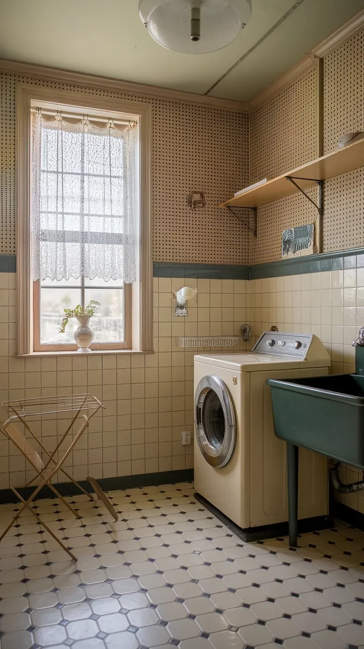 This vintage laundry room is a dream. The combination of a dark green sink, a vintage washing machine, and a beige and white checkered wall creates a unique and inviting atmosphere. The creamy beige tile floor and the delicate white lace curtain at the window add a touch of elegance. A perfect blend of rustic charm and mid-century modern design, this space proves that even utilitarian areas can be beautiful.