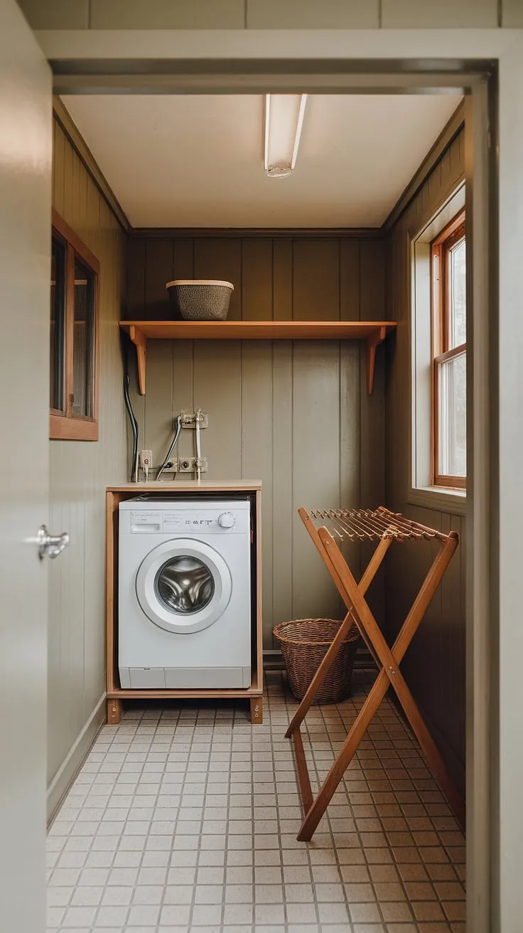 This perfectly preserved mid-century laundry room is a dream. The warm wood tones, compact washer, and ample storage showcase a bygone era of elegant functionality. A true time capsule of domestic design.