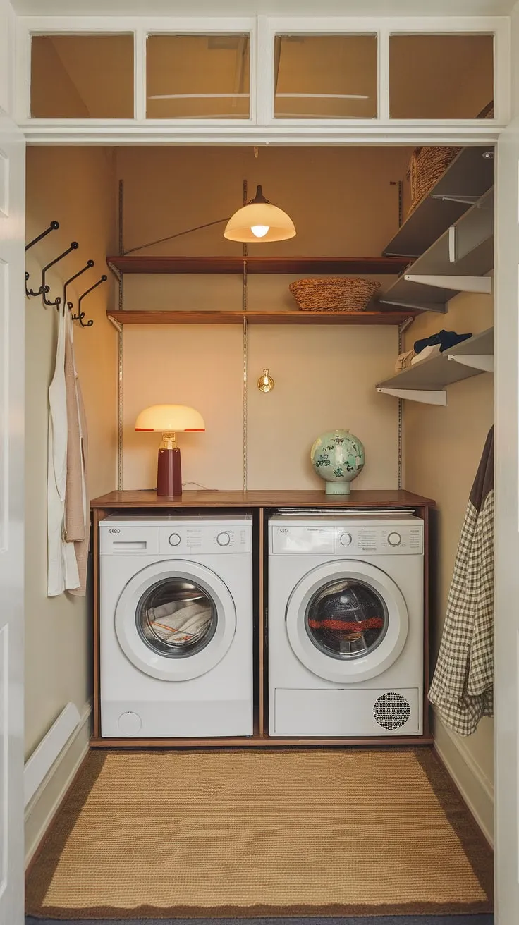 Step back in time with this charming mid-century modern laundry room. The compact space, complete with a vintage lamp and thoughtful storage solutions, proves that even the smallest rooms can be stylish and functional. A perfect blend of form and function, this space effortlessly balances practicality with a touch of retro elegance. A true testament to efficient design.