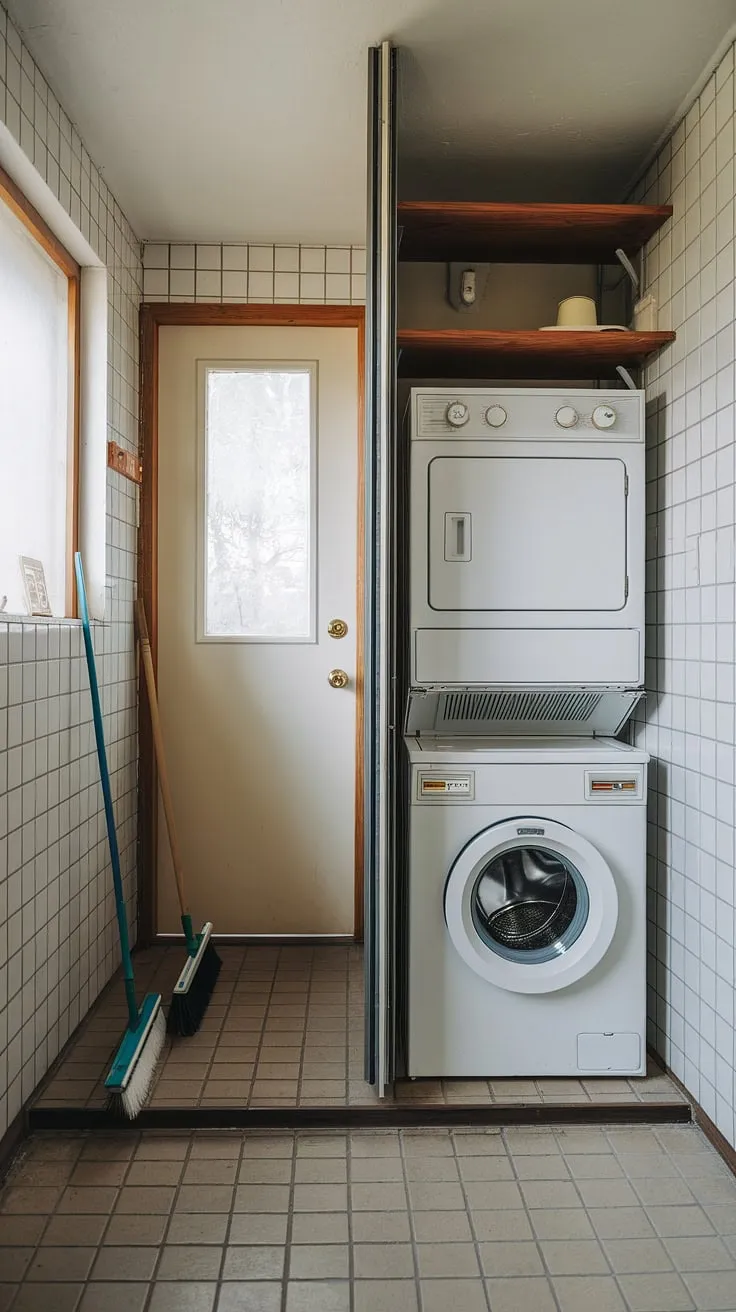 This mid-century modern laundry room, compact yet charming, proves that even a small space can be stylish and functional. The simple wooden shelf above the washer and dryer adds a touch of warmth, while the natural light streaming through the window brightens the space. A broom and mop stand ready, hinting at the efficient flow of this perfectly organized area. A sense of calm and understated elegance pervades the room.