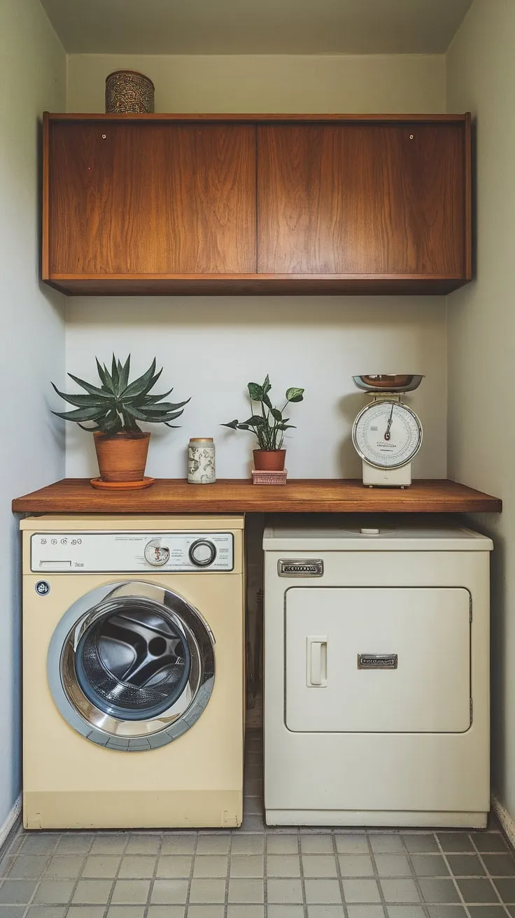 This mid-century laundry room is a testament to timeless design. The vintage appliances, paired with the warm wood tones and carefully chosen accessories, create a space that's both practical and undeniably stylish. A true gem, this room showcases how even the smallest spaces can be transformed into havens of understated elegance.