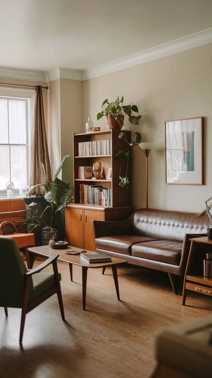 Step back in time and breathe in the effortless cool of this mid-century modern living room. The warm wood floors, vintage furniture, and a touch of greenery create a space that's both stylish and inviting. A perfect blend of retro charm and contemporary comfort.