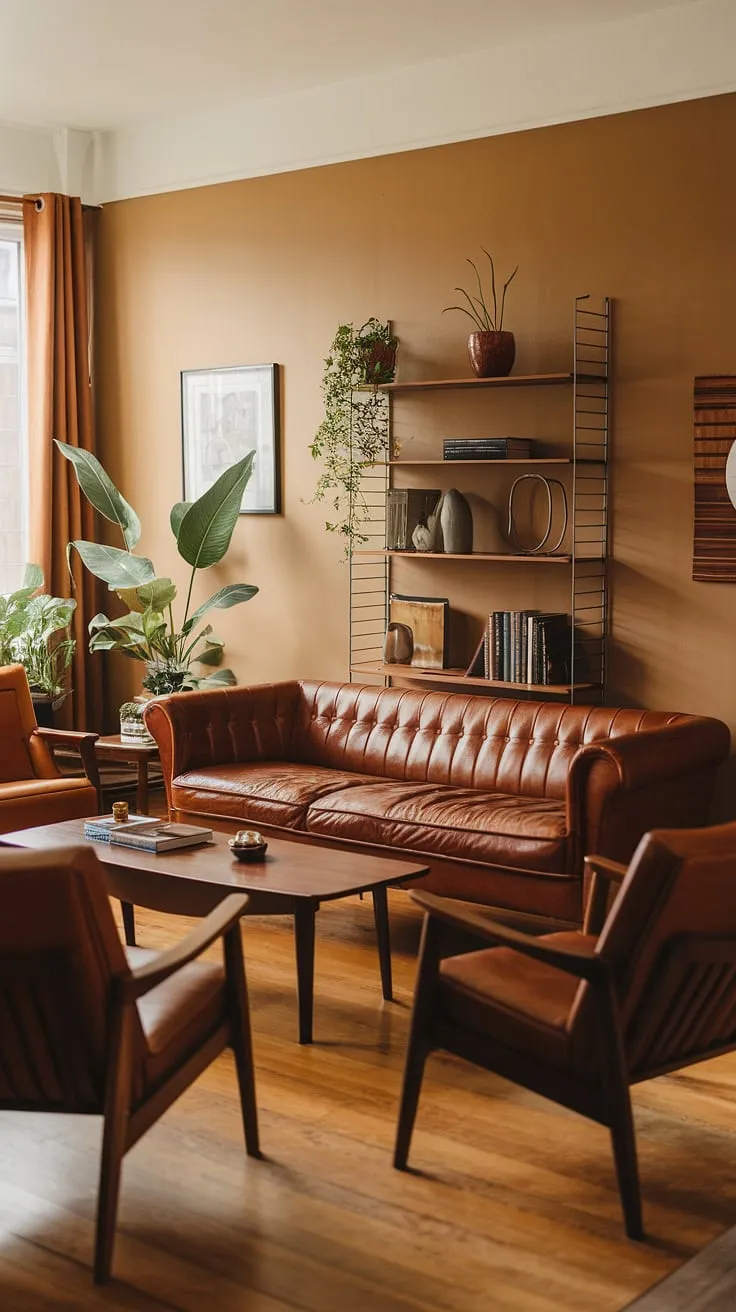 Warm beige walls and the soft glow of the afternoon sun create a haven of mid-century modern calm. The rich leather sofa, simple lines of the furniture, and the comforting presence of potted plants all contribute to a space that feels both stylish and utterly relaxing. This is where memories are made, and quiet evenings are cherished. A perfect blend of form and function, this living room is a testament to timeless design.