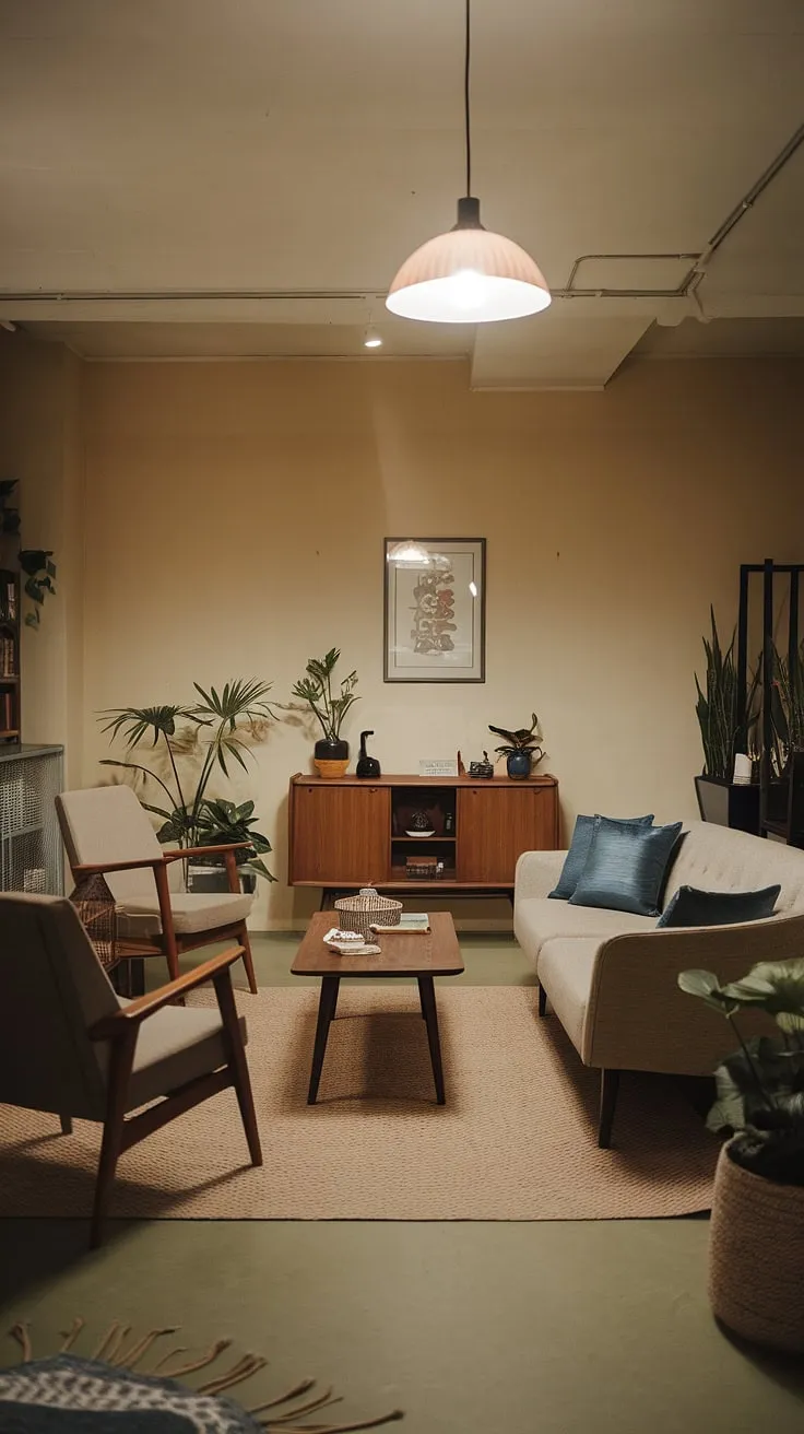 This mid-century modern haven is a study in understated sophistication. The carefully curated details, from the plush sofa to the carefully placed plants, contribute to an atmosphere of relaxed refinement. A perfect example of how simple elegance can create a truly inviting space.