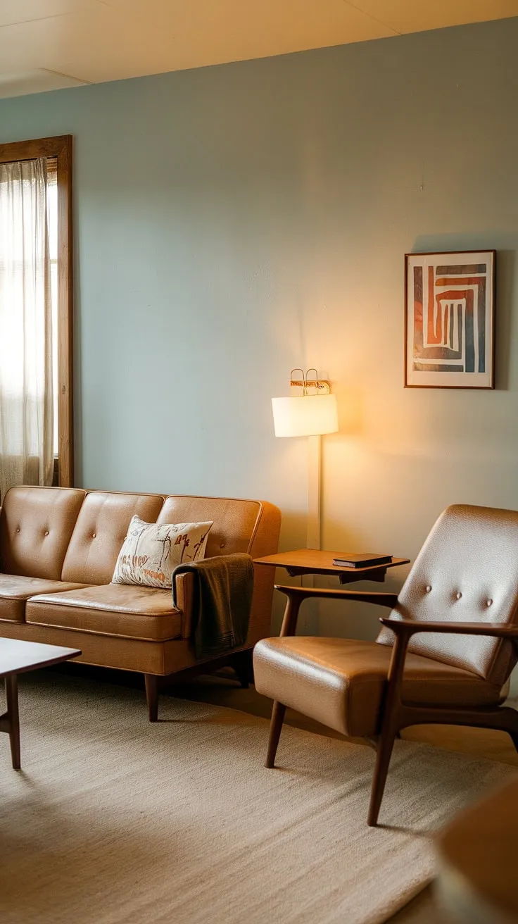 Bathed in the warm glow of the setting sun, this mid-century modern living room exudes a sense of calm and understated elegance. The carefully curated space, with its beige sofa and armchair, invites relaxation and quiet contemplation. A perfect example of Bauhaus-inspired design, it's a testament to timeless style and functionality.