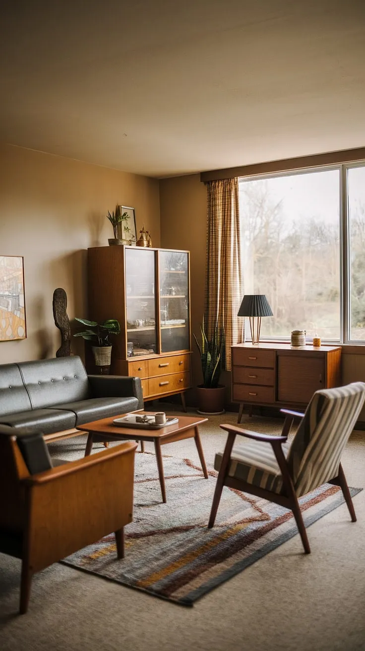 This mid-century modern haven is a study in understated elegance. The neutral palette, punctuated by pops of color from the artwork and plants, creates a serene atmosphere. A comfortable sofa, a stylish chair, and a carefully chosen coffee table invite you to relax and unwind in this beautifully designed space.