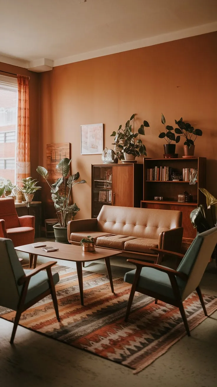 Bathed in the warm glow of a soft orange hue, this mid-century modern living room exudes a cozy vintage charm. The carefully curated furniture, including a comfortable sofa and inviting armchairs, creates a space perfect for relaxation and conversation. Potted plants add a touch of life, while the patterned rug anchors the room's A. inviting atmosphere.
