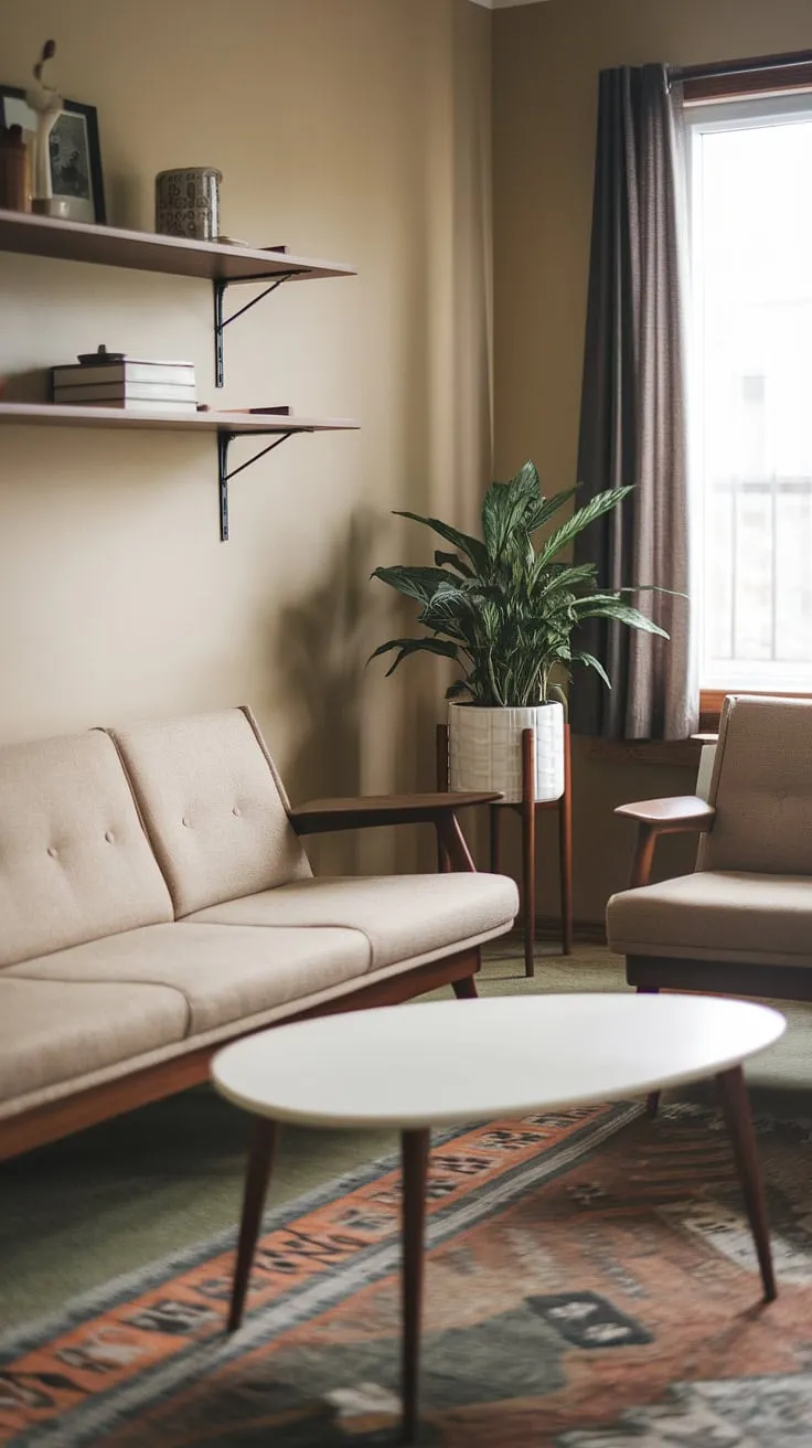 The gentle curves of the furniture and the soft textures of the rug create a cozy haven in this mid-century modern living room. Natural light streams through the window, illuminating the carefully curated details, from the vintage wooden shelf to the simple yet stylish coffee table. A testament to timeless design and comfortable living.