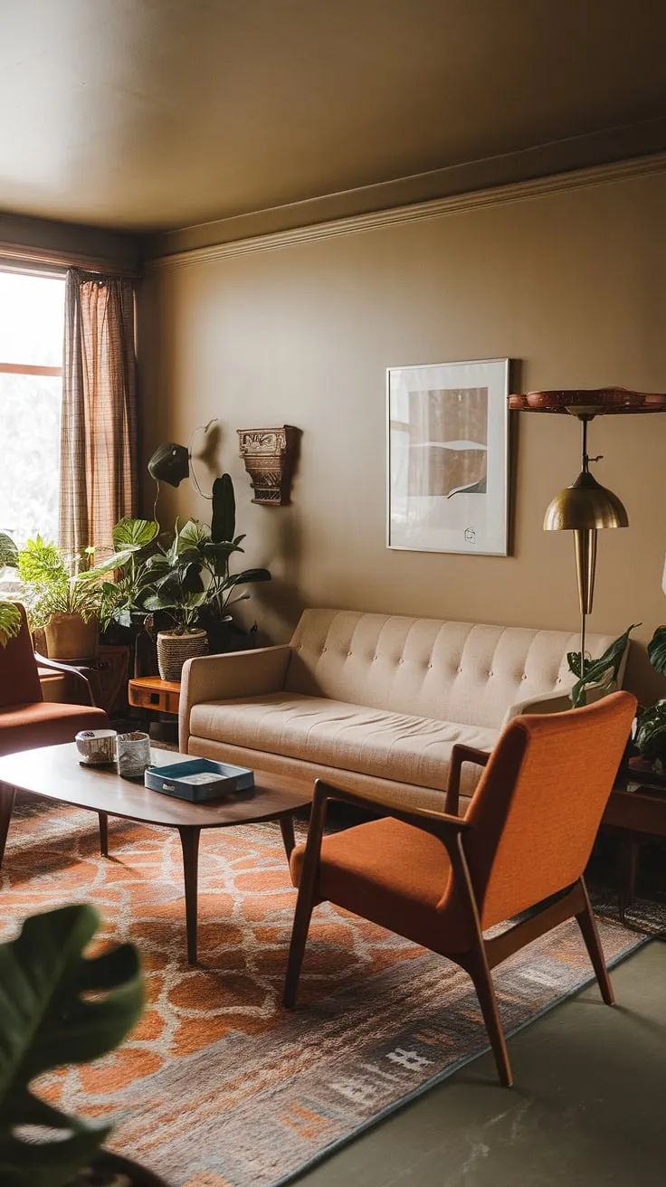 Bathed in the warm glow of a vintage lamp, this mid-century modern living room exudes a cozy charm. The beige sofa, paired with vibrant orange armchairs, creates a welcoming space, perfectly complemented by the textured rug and the low ceiling which adds to its intimate feel. A touch of nature with the potted plants completes this tranquil scene. A sense of calm and understated elegance pervades the room.
