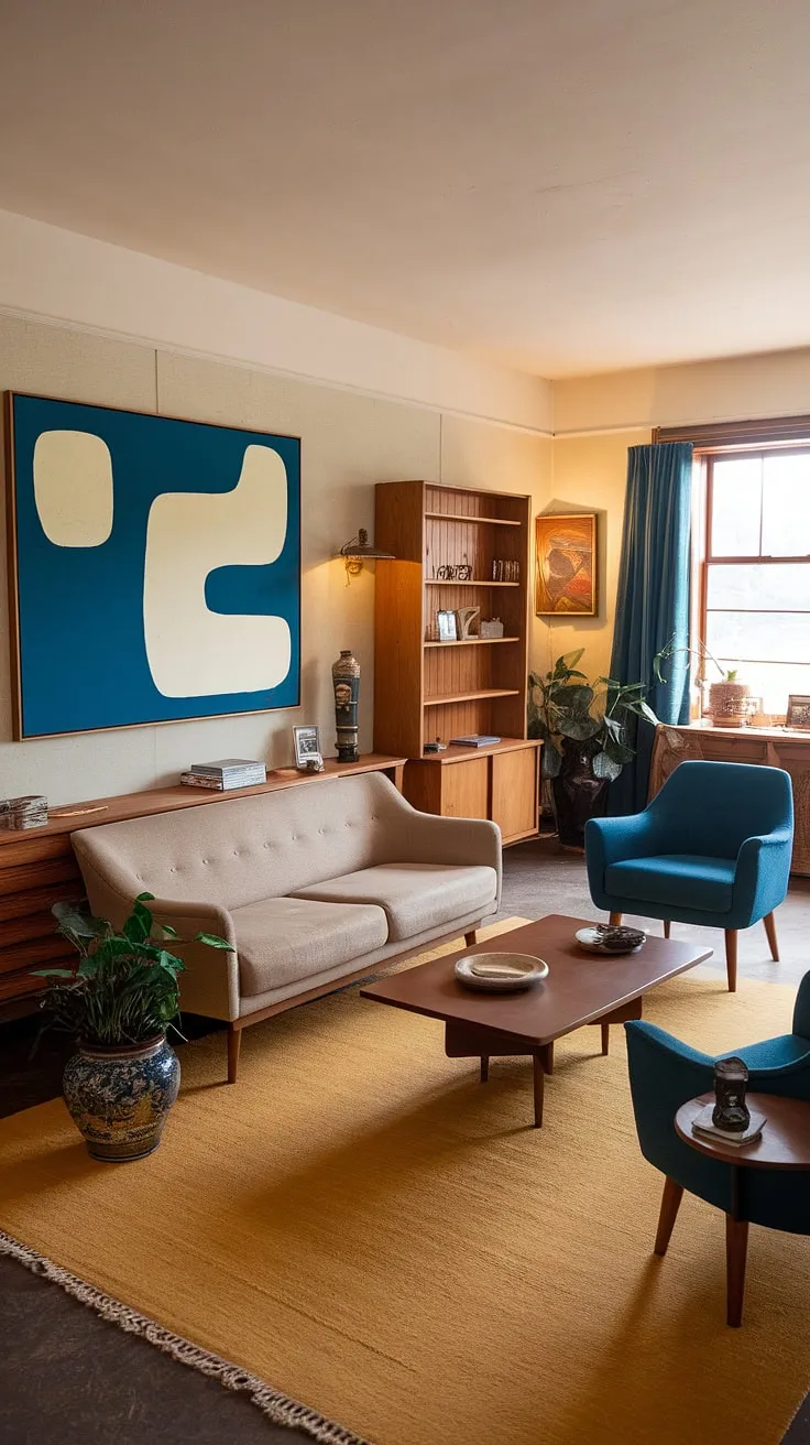 Bathed in the warm glow of the afternoon sun, this mid-century haven offers a sanctuary of calm. The carefully curated details, from the vibrant artwork to the plush seating, speak to a love of classic design and a commitment to creating a truly comfortable and stylish living space. A testament to the enduring appeal of mid-century modern.